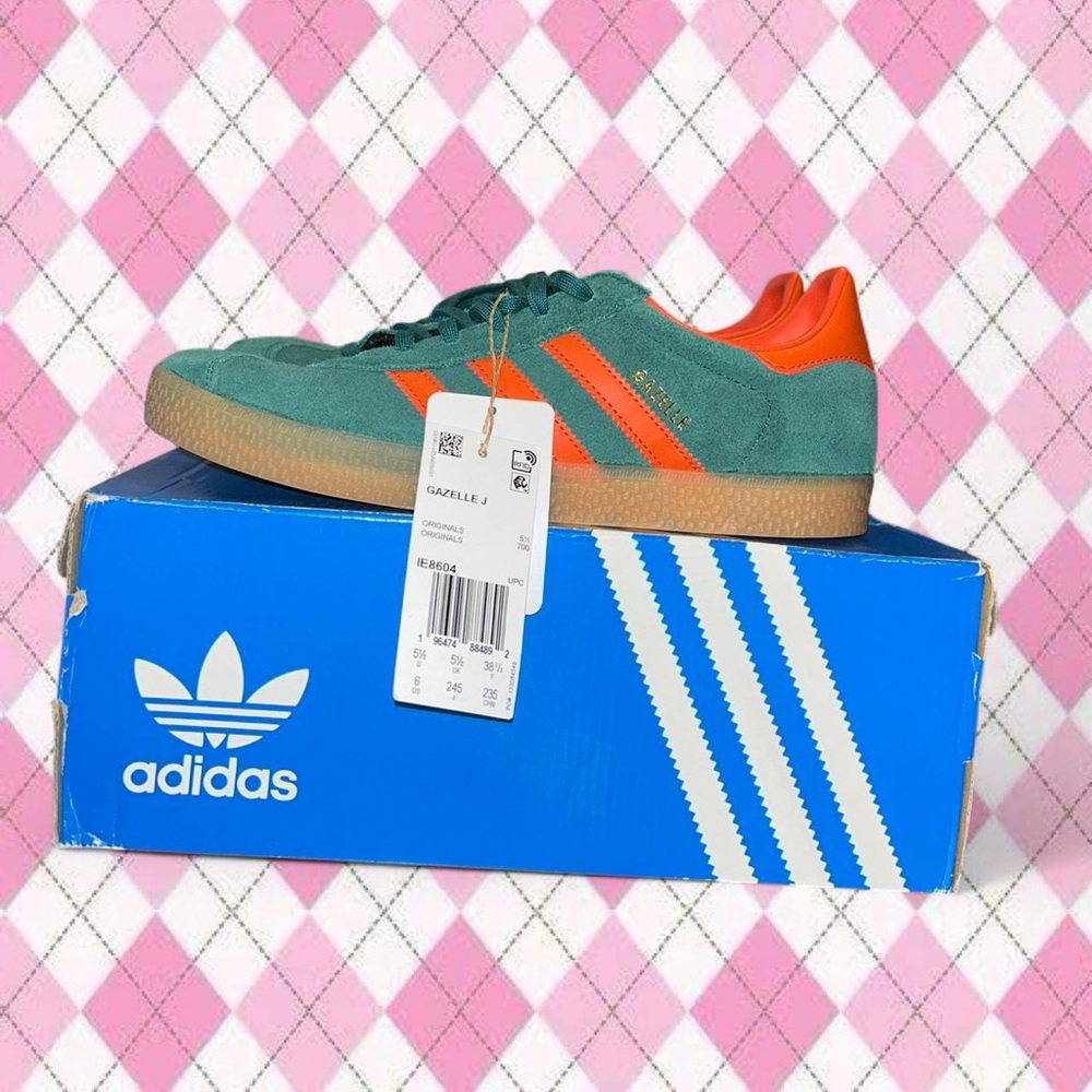 new green and orange adidas originals gazelle j suede shoes